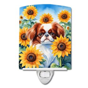NEW Japanese Chin in Sunflowers Ceramic Night Light Compact, UL-Certified, Ideal for Bedroom, Bathroom, Nursery, Hallway, Kitchen, 6x4x3, Multico