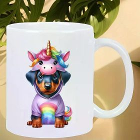 Whimsical Unicorn Puppy Ceramic Coffee Mug, Insulated Reusable Cup with Rainbow Hoodie Dog Design, Vibrant