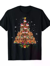 Men's 100% Cotton T-Shirt - Dachshund Christmas Tree and Dog Xmas Lights Funny Pajama Tee (Color: Black, size: XXXL)