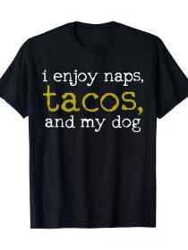 Men's Fun Taco & Dog Lover Cotton T-Shirt - "I Enjoy Naps, Tacos, and My Dog" Graphic Print, Black Casual Tee for All Seasons (Color: Black, size: XXXL)