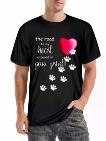 The road to my heart is paved with paw prints. Men's dog T-shirt, men's interesting pattern t-shirt, short-sleeved novelty t-shirt, classic fit (Color: Black, size: L)