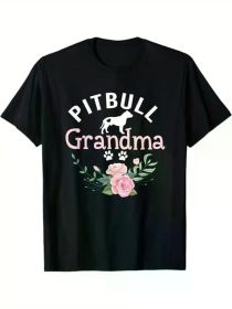 Pitbull Grandma" T-Shirt - 100% Cotton, Black with Pink Floral Design, Ideal Gift for Dog Lovers, Comfortable Round Neck (Color: Black, size: M)