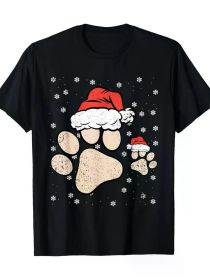 Paw Print Santa Hat Christmas Pajama Dog Lover X-Mas T-Shirt Cotton, (Color: Black, size: L)