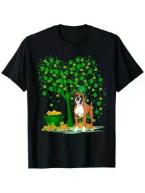 Shamrock Tree Leprechaun Hat Boxer Dog St Patrick'S Day T-Shirt, 100% Cotton, Single Side (Color: Black, size: M)