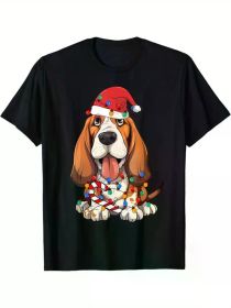 Festive Beagle with Santa Hat & Christmas Lights Men's T-Shirt - Soft Cotton, High Neck, Machine Washable - Ideal Gift for Dog Lovers (Color: Black, size: S)