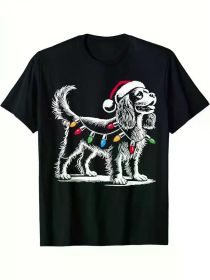 Festive Cavalier King Charles Spaniel Christmas T-Shirt - Men's Black Cotton Tee with Santa Hat Dog (Color: Black, size: L)