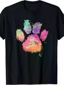 Dog and Cat Paw Print Watercolor Rainbow Abstract Animal Lover T-shirt (Color: Black, size: M)
